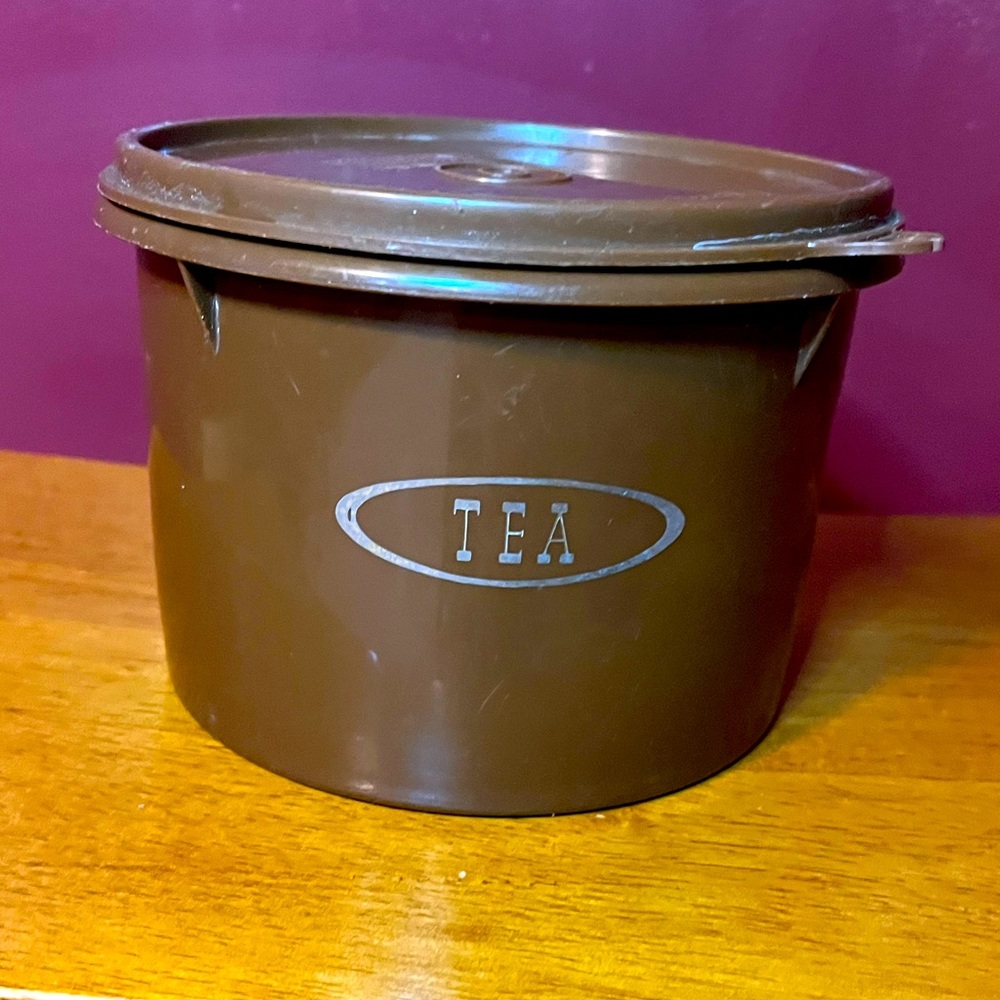 Vintage Tupperware brown w/ Silver Type Lettering TEA storage container
